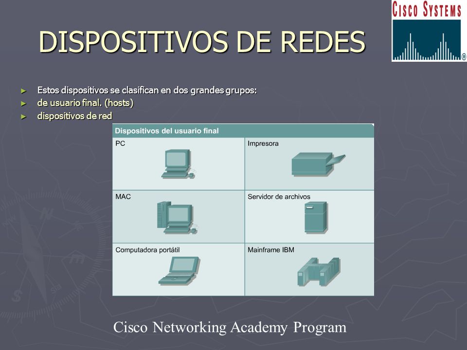 DISPOSITIVOS DE REDES Estos dispositivos se clasifican en dos grandes grupos: de usuario final. (hosts)
