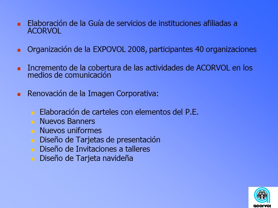 Elaboración de la Guía de servicios de instituciones afiliadas a ACORVOL