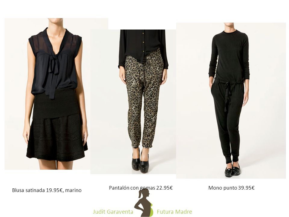 Pantalón con gomas 22.95€ Mono punto 39.95€ Blusa satinada 19.95€, marino