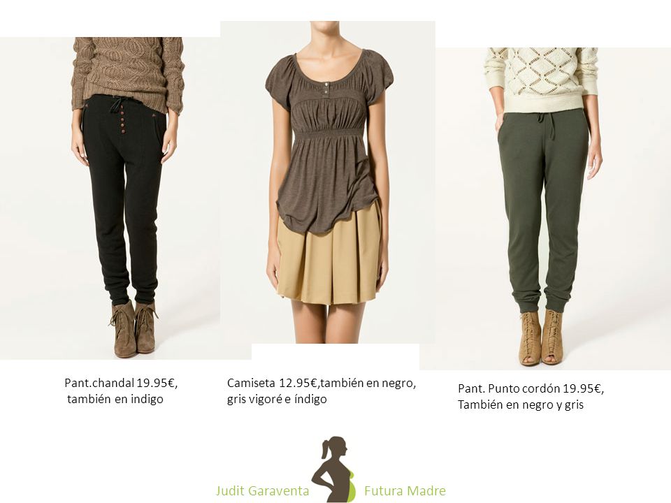 Pant.chandal 19.95€, también en indigo. Camiseta 12.95€,también en negro, gris vigoré e índigo. Pant. Punto cordón 19.95€,