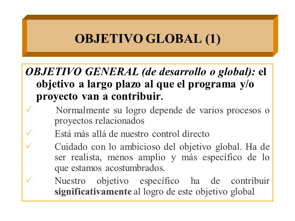 OBJETIVO GLOBAL (1) OBJETIVO GENERAL (de desarrollo o global): el objetivo a largo plazo al que el programa y/o proyecto van a contribuir.