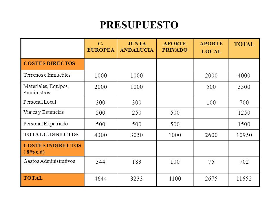 PRESUPUESTO C. EUROPEA. JUNTA ANDALUCIA. APORTE PRIVADO. APORTE. LOCAL. TOTAL. COSTES DIRECTOS.