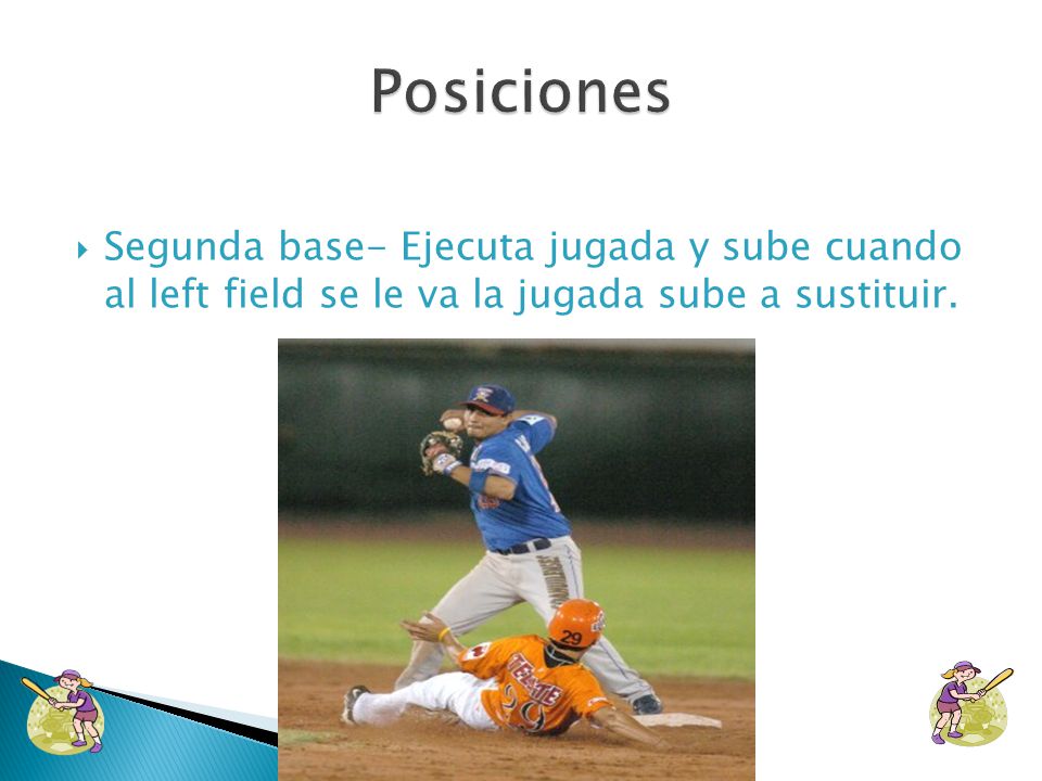 Posiciones Segunda base- Ejecuta jugada y sube cuando al left field se le va la jugada sube a sustituir.