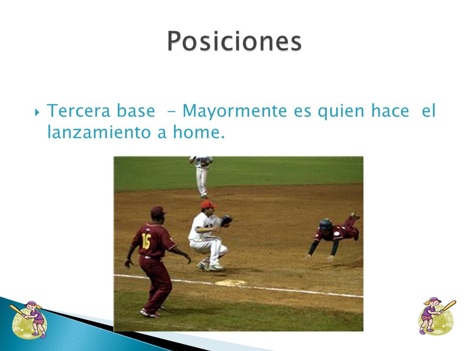 Posiciones Tercera base - Mayormente es quien hace el lanzamiento a home.