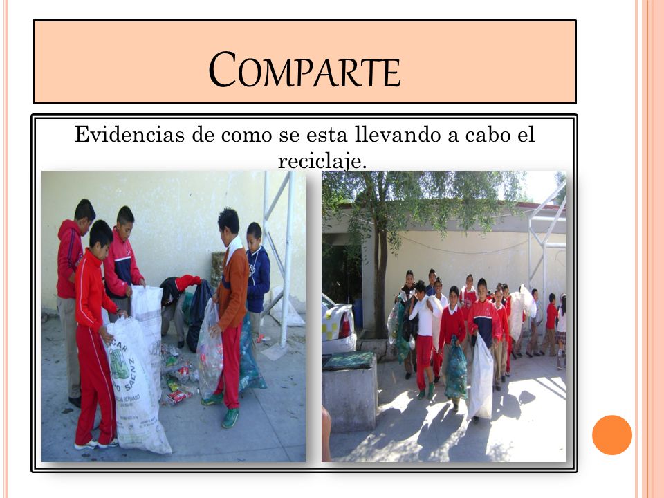 Evidencias de como se esta llevando a cabo el reciclaje.