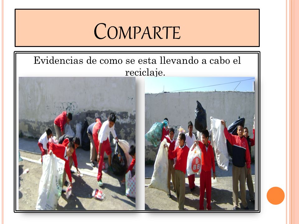 Evidencias de como se esta llevando a cabo el reciclaje.