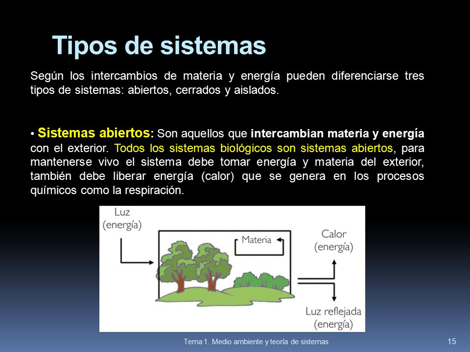 Tipos de sistemas Según los intercambios de materia y energía pueden diferenciarse tres tipos de sistemas: abiertos, cerrados y aislados.