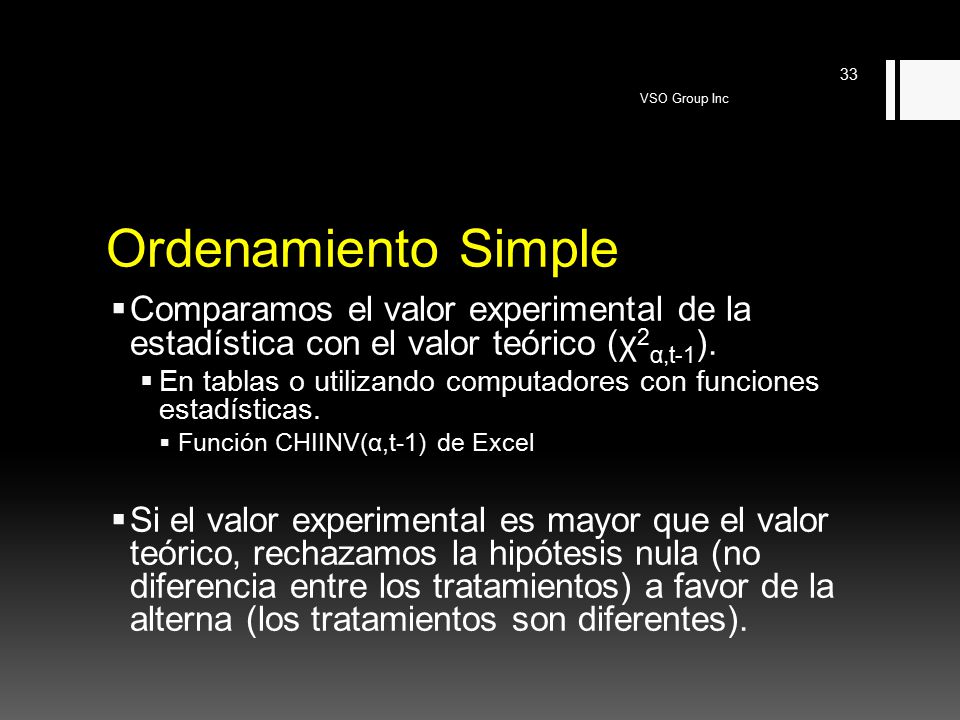 VSO Group Inc Ordenamiento Simple. Comparamos el valor experimental de la estadística con el valor teórico (χ2α,t-1).