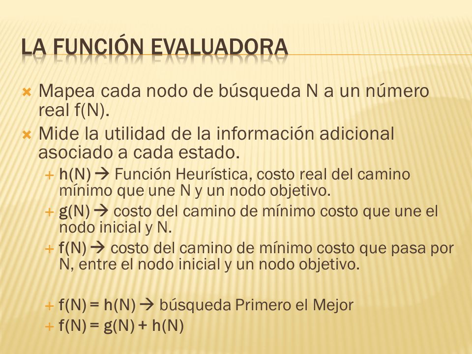 La función evaluadora Mapea cada nodo de búsqueda N a un número real f(N). Mide la utilidad de la información adicional asociado a cada estado.