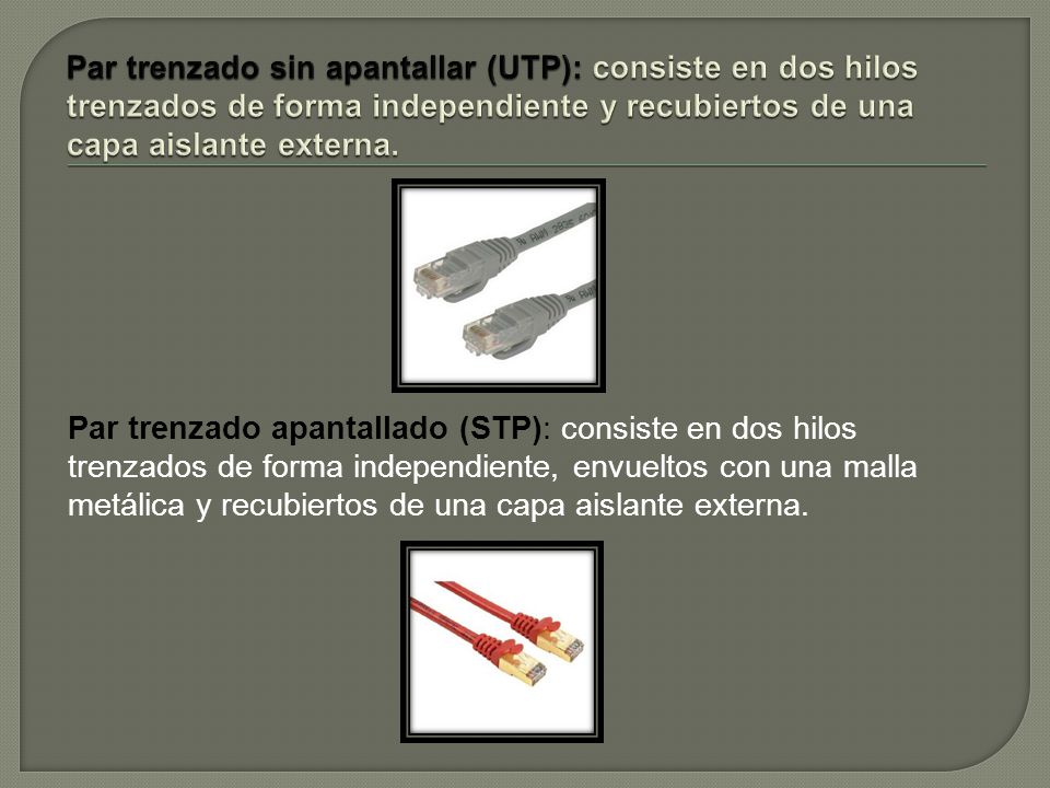 Par trenzado sin apantallar (UTP): consiste en dos hilos trenzados de forma independiente y recubiertos de una capa aislante externa.
