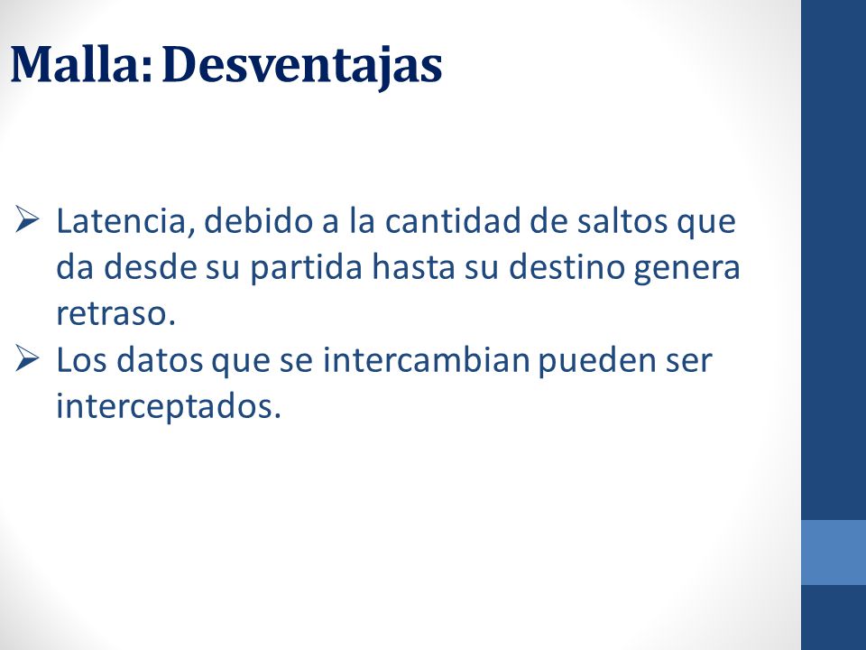 Malla: Desventajas Latencia, debido a la cantidad de saltos que da desde su partida hasta su destino genera retraso.