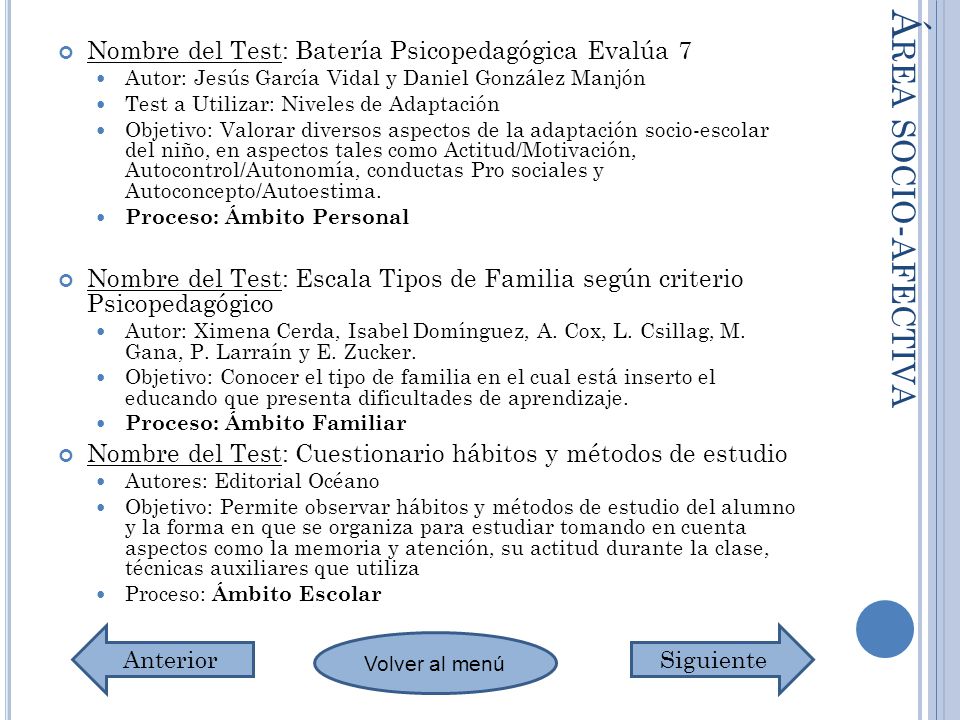 Área socio-afectiva Nombre del Test: Batería Psicopedagógica Evalúa 7