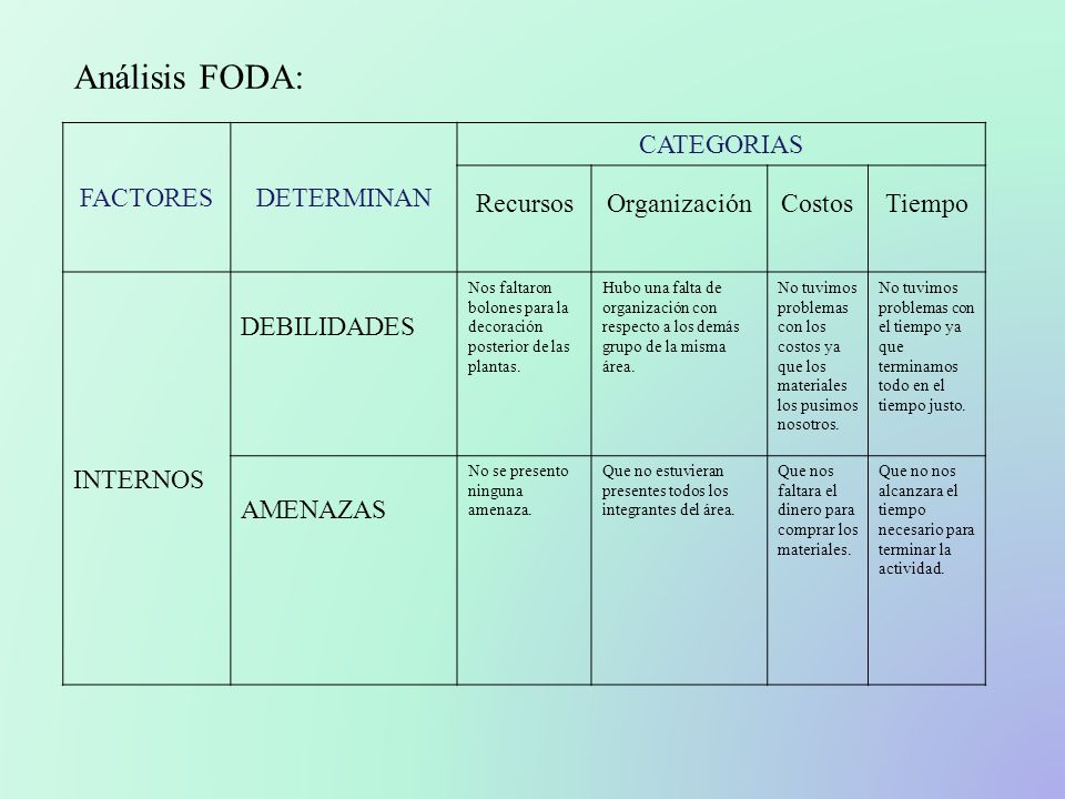 Análisis FODA: FACTORES DETERMINAN CATEGORIAS Recursos Organización
