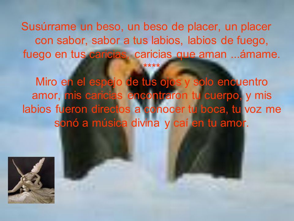 Susúrrame un beso, un beso de placer, un placer con sabor, sabor a tus labios, labios de fuego, fuego en tus caricias, caricias que aman ...ámame.