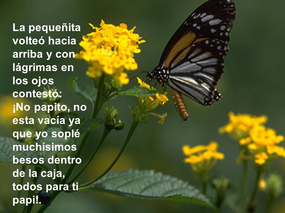 La pequeñita volteó hacia arriba y con lágrimas en los ojos contestó: ¡No papito, no esta vacía ya que yo soplé muchísimos besos dentro de la caja, todos para ti papi!.