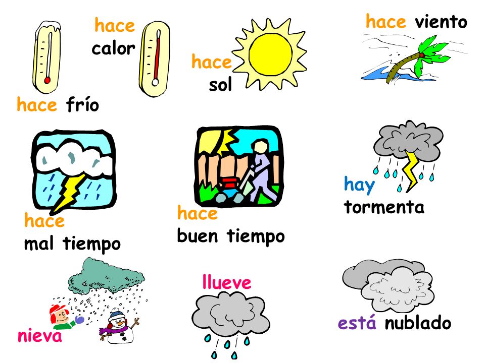 hace viento hace. calor. hace. sol. hace frío. hay. tormenta. hace. buen tiempo. hace. mal tiempo.