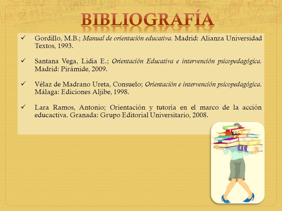 BIBLIOGRAFÍA Gordillo, M.B.; Manual de orientación educativa. Madrid: Alianza Universidad Textos,