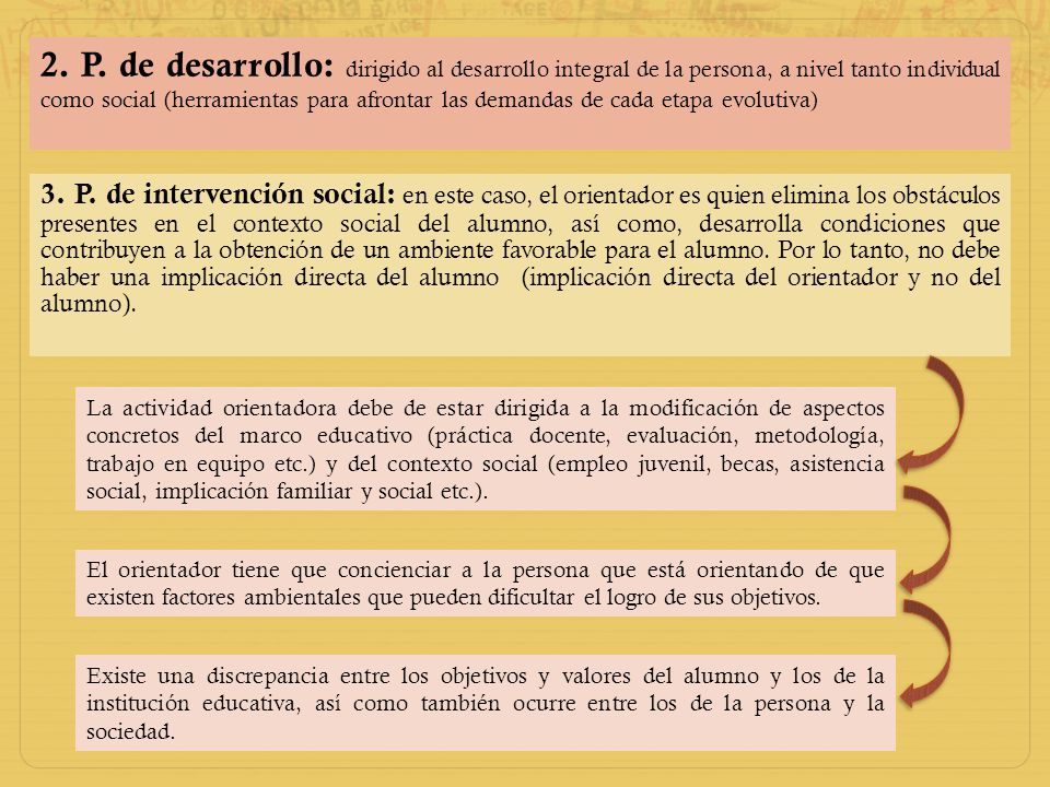 2. P. de desarrollo: dirigido al desarrollo integral de la persona, a nivel tanto individual como social (herramientas para afrontar las demandas de cada etapa evolutiva)