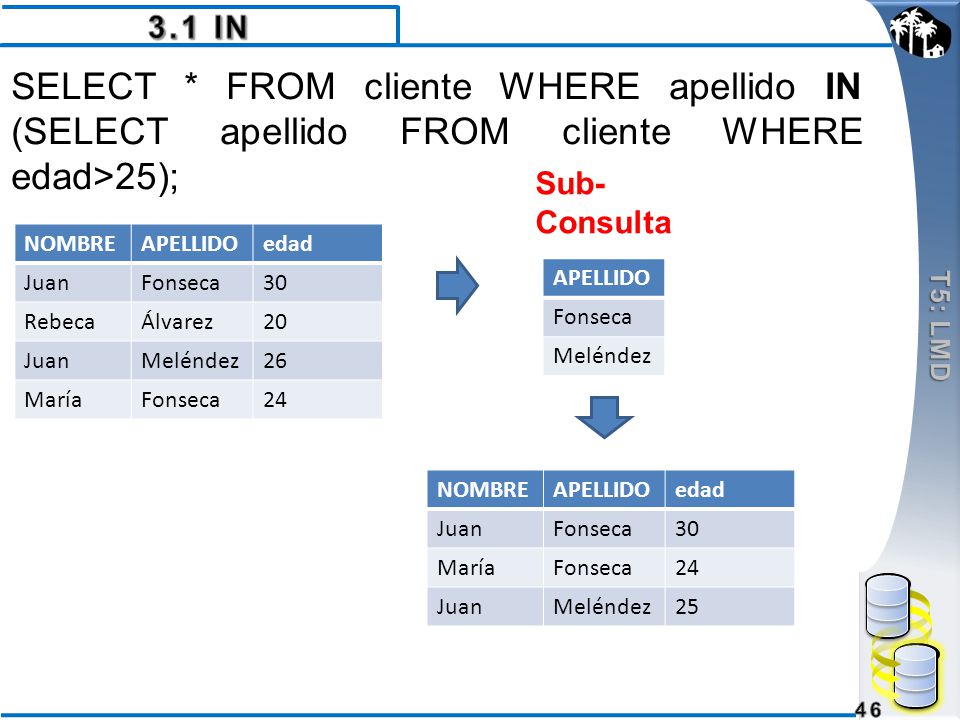 3.1 IN T5: LMD. SELECT * FROM cliente WHERE apellido IN (SELECT apellido FROM cliente WHERE edad>25);
