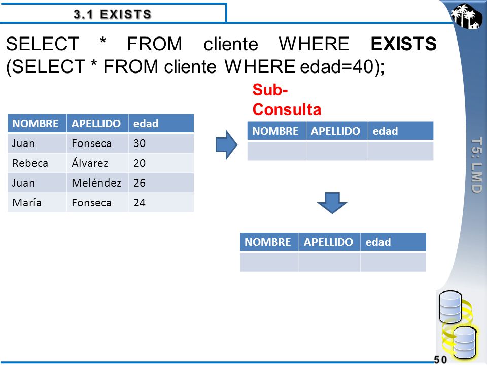 3.1 EXISTS T5: LMD. SELECT * FROM cliente WHERE EXISTS (SELECT * FROM cliente WHERE edad=40); Sub-Consulta.