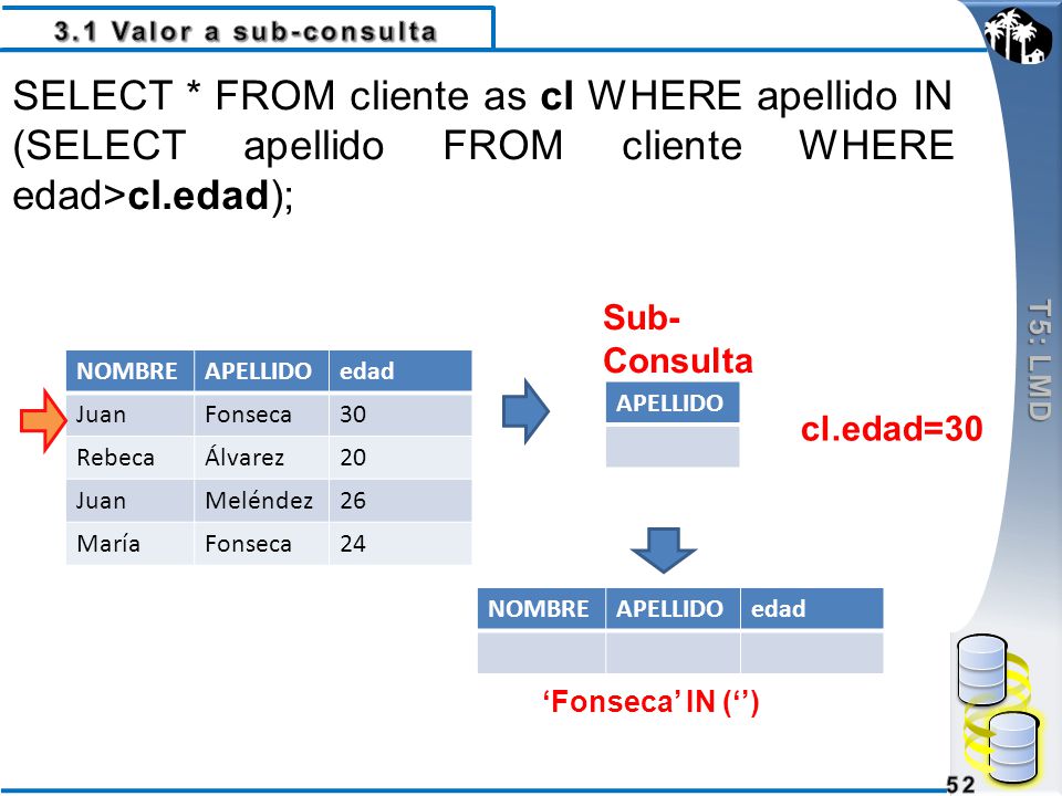 3.1 Valor a sub-consulta T5: LMD. SELECT * FROM cliente as cl WHERE apellido IN (SELECT apellido FROM cliente WHERE edad>cl.edad);