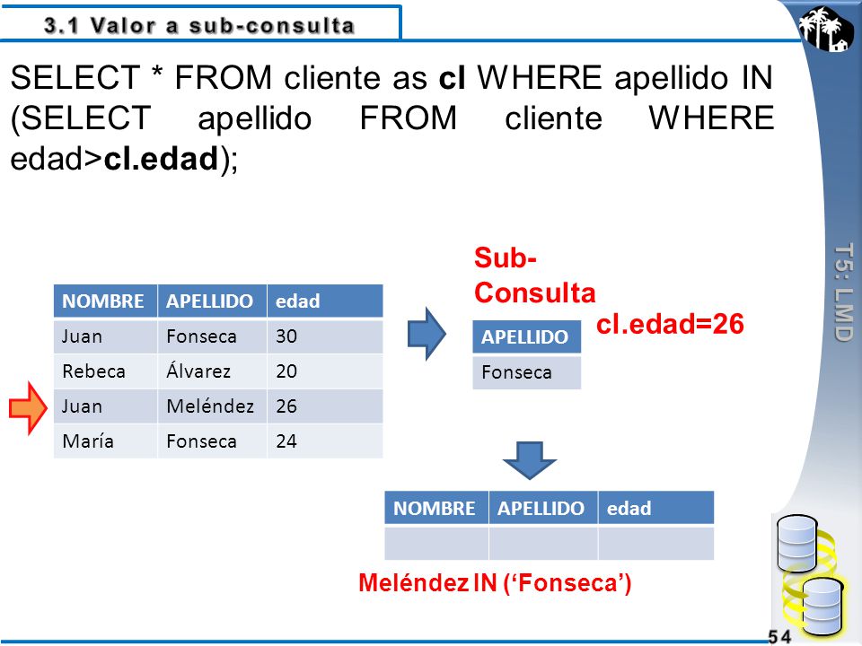3.1 Valor a sub-consulta T5: LMD. SELECT * FROM cliente as cl WHERE apellido IN (SELECT apellido FROM cliente WHERE edad>cl.edad);