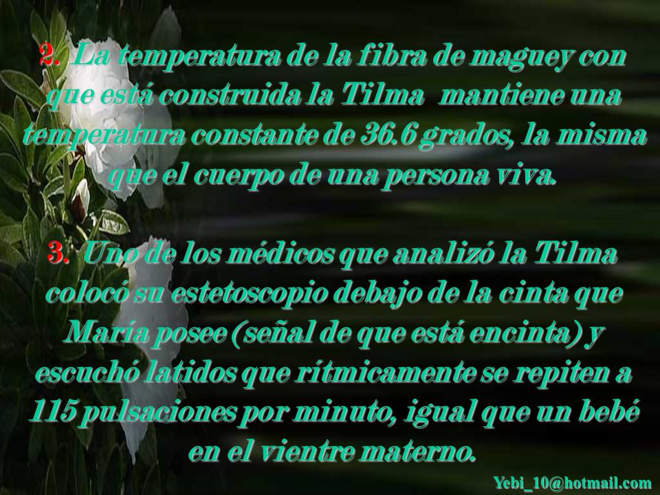 2. La temperatura de la fibra de maguey con que está construida la Tilma mantiene una temperatura constante de 36.6 grados, la misma que el cuerpo de una persona viva.