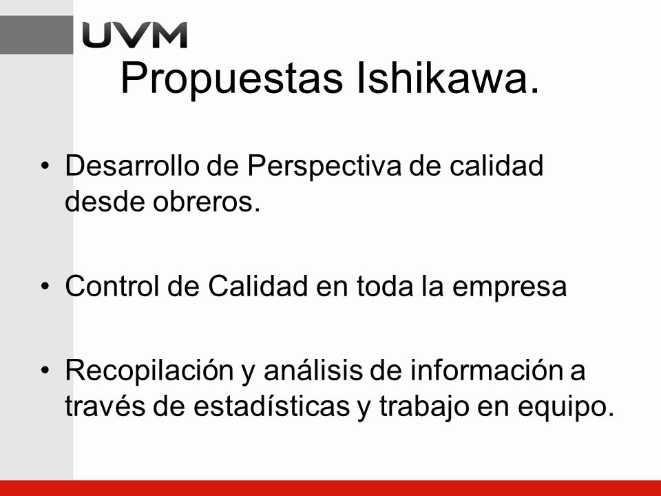 Propuestas Ishikawa. Desarrollo de Perspectiva de calidad desde obreros. Control de Calidad en toda la empresa.