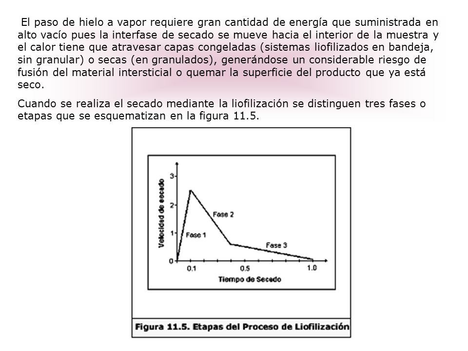 El paso de hielo a vapor requiere gran cantidad de energía que suministrada en alto vacío pues la interfase de secado se mueve hacia el interior de la muestra y el calor tiene que atravesar capas congeladas (sistemas liofilizados en bandeja, sin granular) o secas (en granulados), generándose un considerable riesgo de fusión del material intersticial o quemar la superficie del producto que ya está seco.