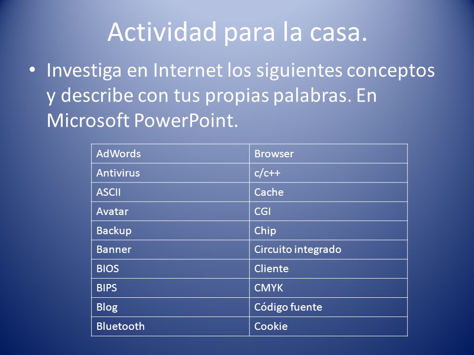 Actividad para la casa. Investiga en Internet los siguientes conceptos y describe con tus propias palabras. En Microsoft PowerPoint.