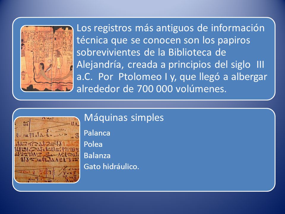 Los registros más antiguos de información técnica que se conocen son los papiros sobrevivientes de la Biblioteca de Alejandría, creada a principios del siglo III a.C. Por Ptolomeo I y, que llegó a albergar alrededor de volúmenes.