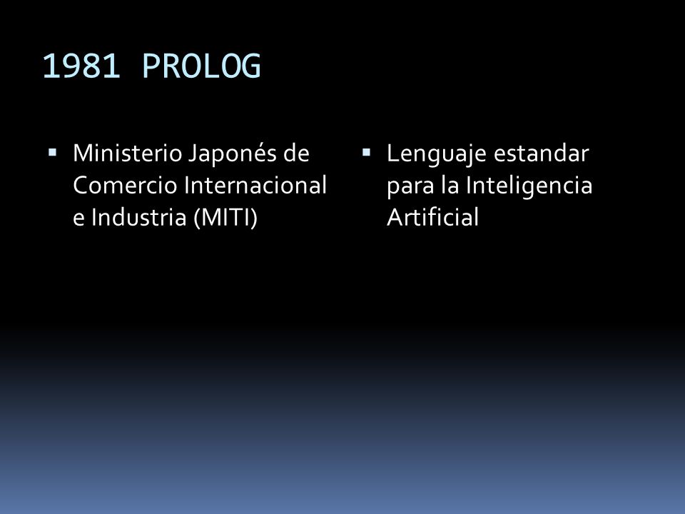 1981 PROLOG Ministerio Japonés de Comercio Internacional e Industria (MITI) Lenguaje estandar para la Inteligencia Artificial.