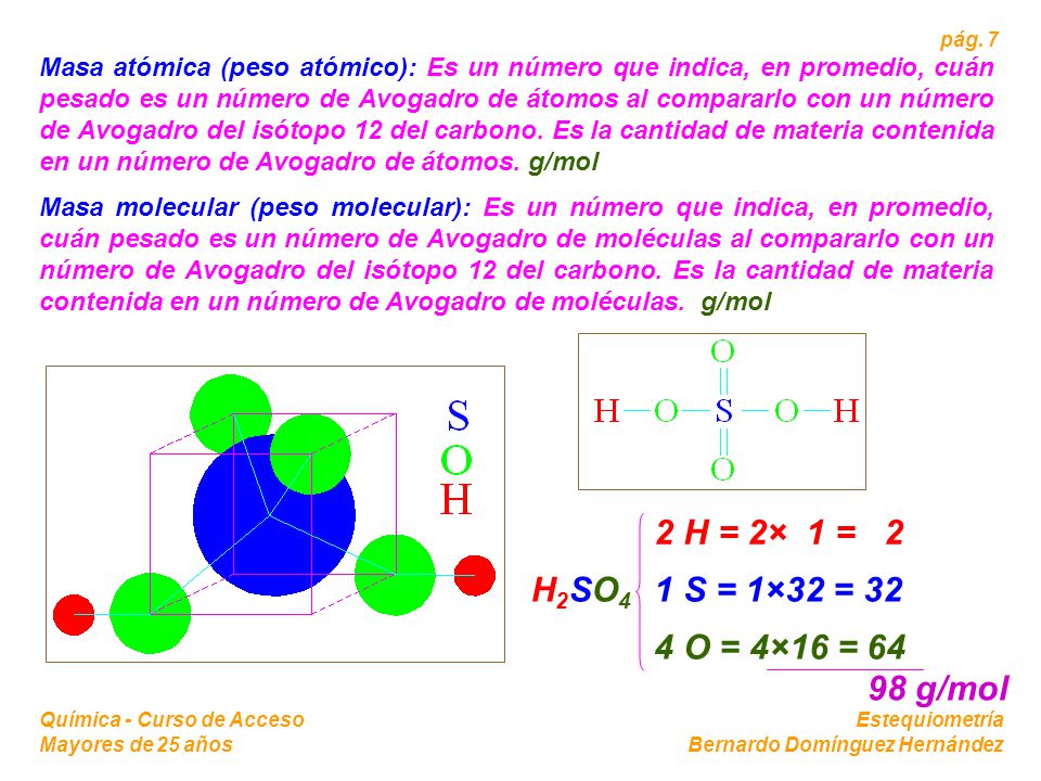 2 H = 2× 1 = 2 H2SO4 1 S = 1×32 = 32 4 O = 4×16 = g/mol