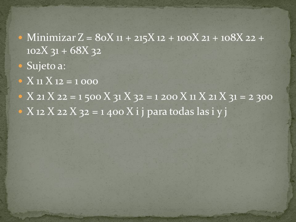 Minimizar Z = 80X X X X X X 32
