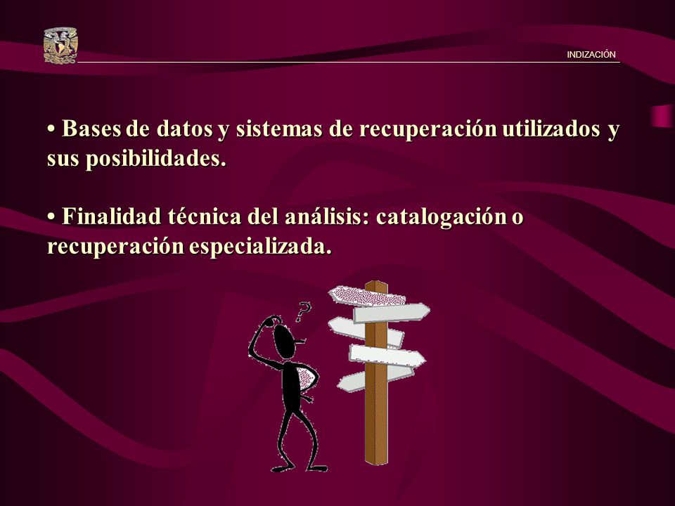INDIZACIÓN • Bases de datos y sistemas de recuperación utilizados y sus posibilidades.