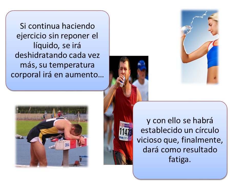 Si continua haciendo ejercicio sin reponer el líquido, se irá deshidratando cada vez más, su temperatura corporal irá en aumento…