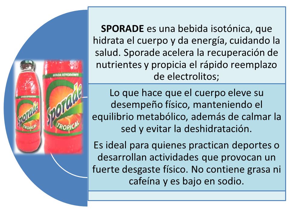 SPORADE es una bebida isotónica, que hidrata el cuerpo y da energía, cuidando la salud. Sporade acelera la recuperación de nutrientes y propicia el rápido reemplazo de electrolitos;