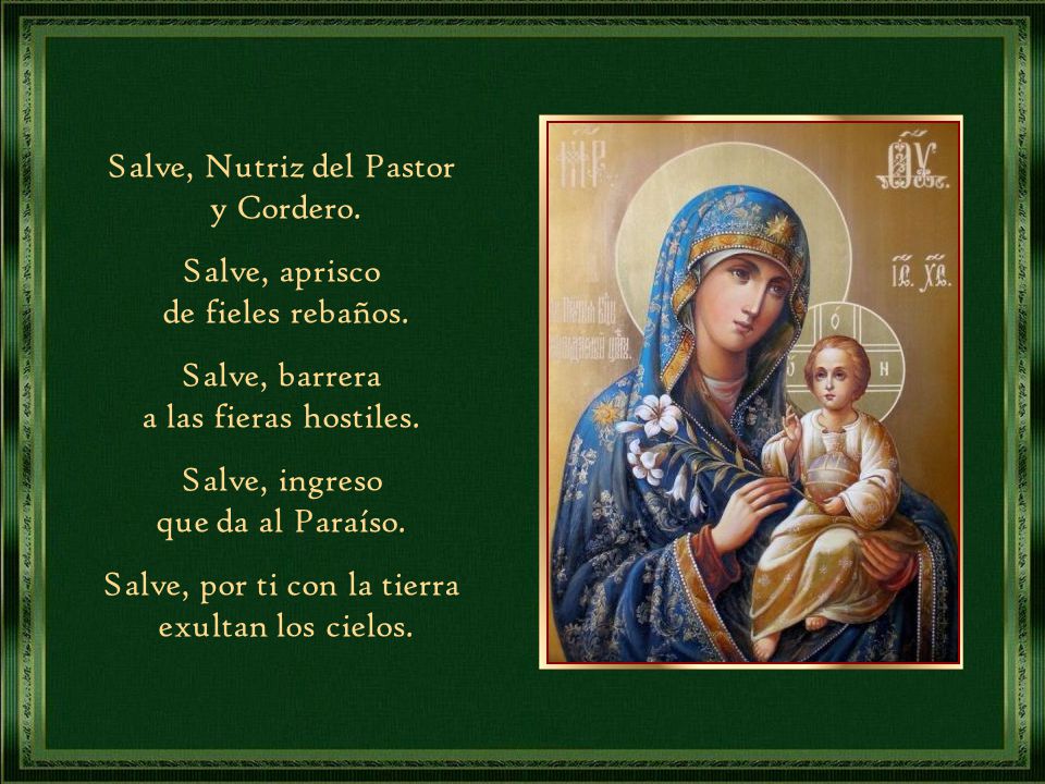 Salve, Nutriz del Pastor y Cordero. Salve, aprisco de fieles rebaños.