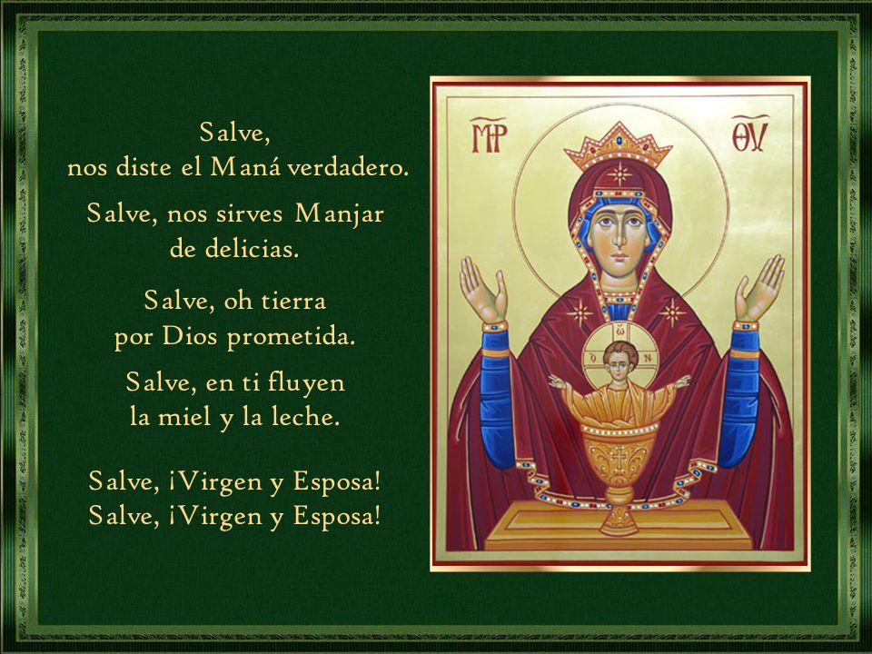 nos diste el Maná verdadero. Salve, nos sirves Manjar de delicias.