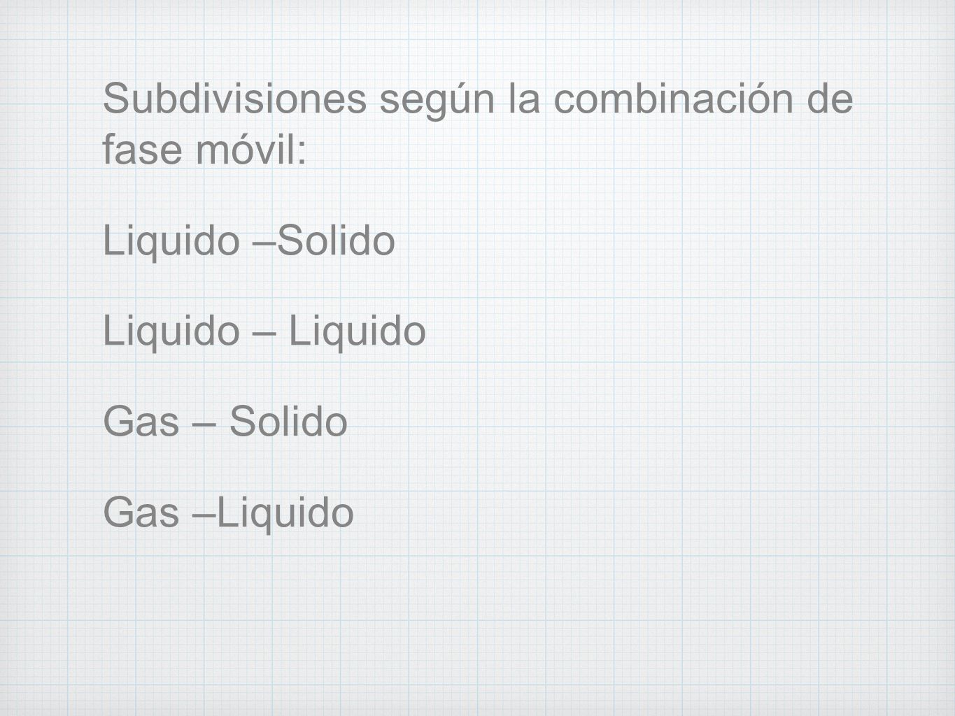 Subdivisiones según la combinación de fase móvil: Liquido –Solido Liquido – Liquido Gas – Solido Gas –Liquido