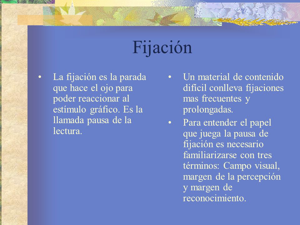 Fijación La fijación es la parada que hace el ojo para poder reaccionar al estímulo gráfico. Es la llamada pausa de la lectura.