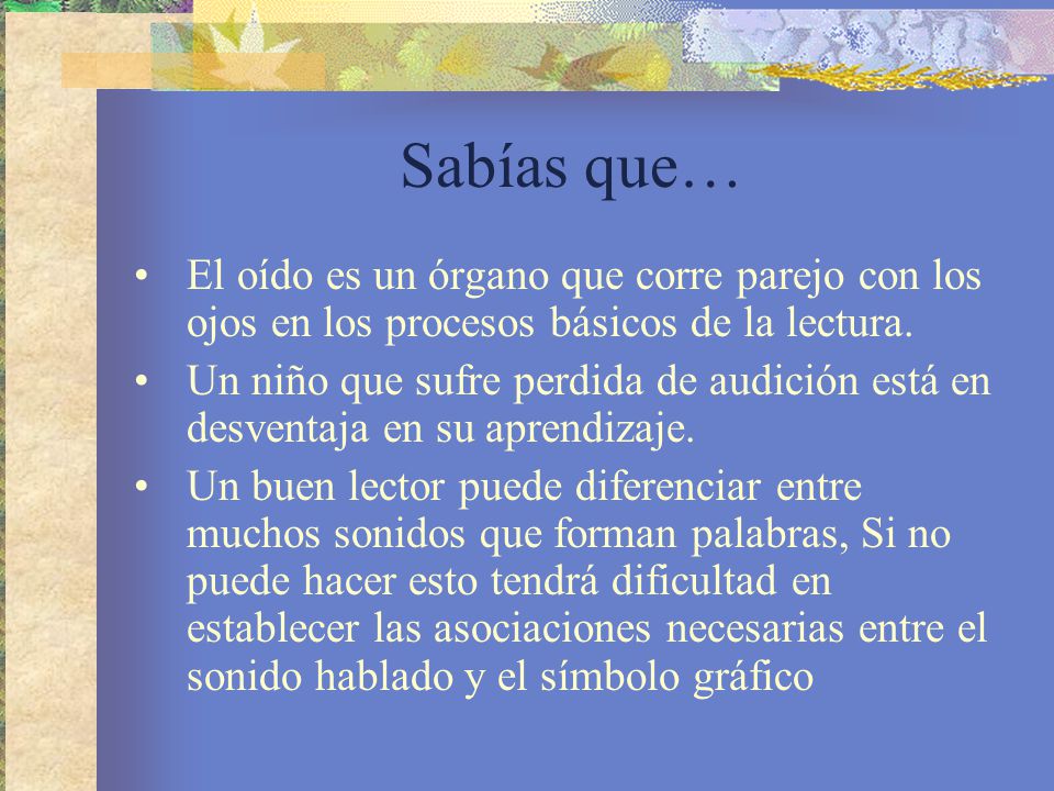 Sabías que… El oído es un órgano que corre parejo con los ojos en los procesos básicos de la lectura.