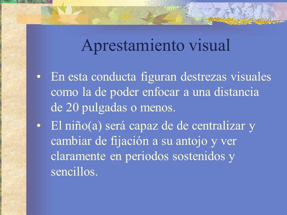 Aprestamiento visual En esta conducta figuran destrezas visuales como la de poder enfocar a una distancia de 20 pulgadas o menos.