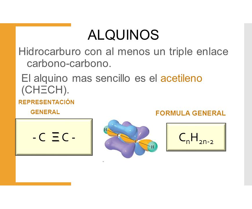 ALQUINOS Hidrocarburo con al menos un triple enlace carbono-carbono. El alquino mas sencillo es el acetileno (CHΞCH).