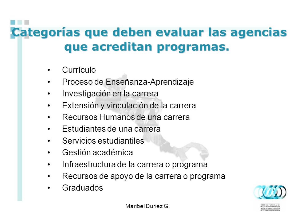 Categorías que deben evaluar las agencias que acreditan programas.