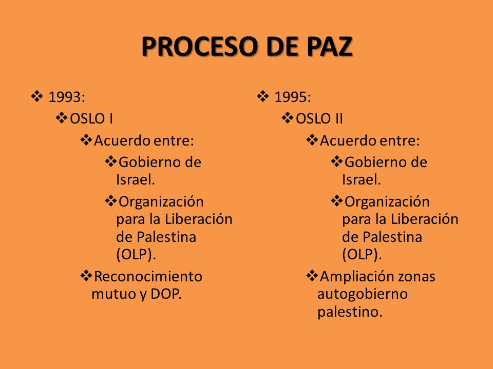 PROCESO DE PAZ 1993: OSLO I Acuerdo entre: Gobierno de Israel.