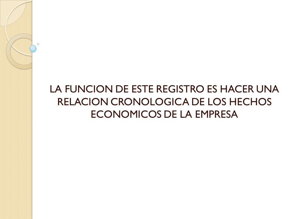 LA FUNCION DE ESTE REGISTRO ES HACER UNA RELACION CRONOLOGICA DE LOS HECHOS ECONOMICOS DE LA EMPRESA