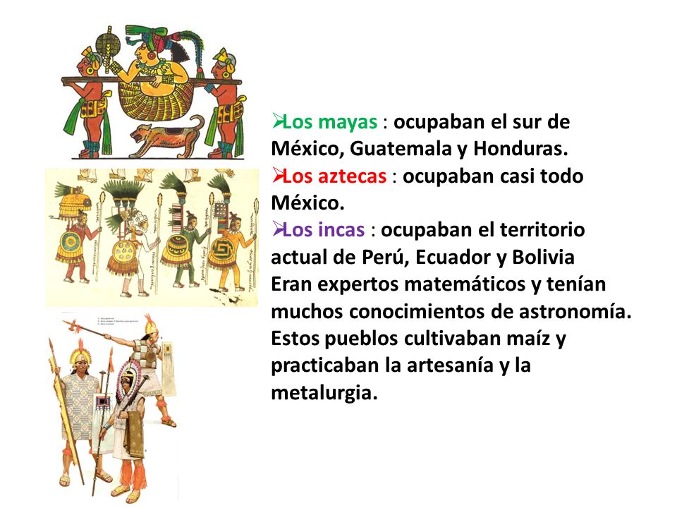 Los mayas : ocupaban el sur de México, Guatemala y Honduras.
