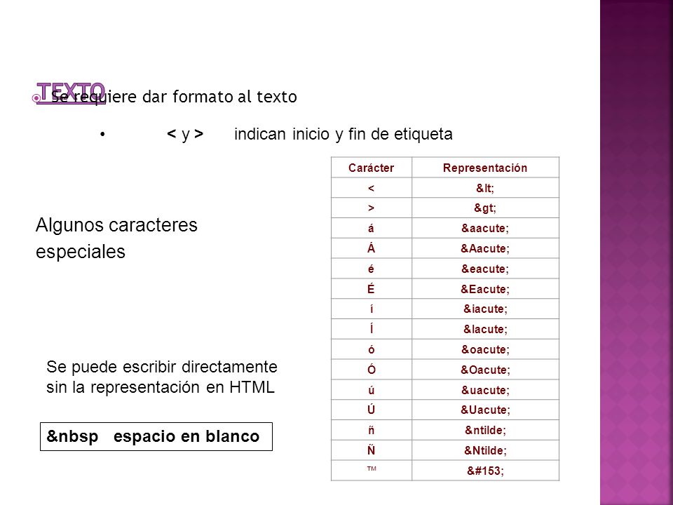 TEXTO Algunos caracteres especiales Se requiere dar formato al texto