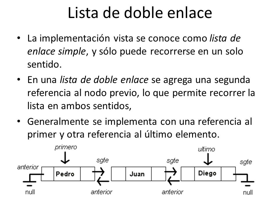 Lista de doble enlace La implementación vista se conoce como lista de enlace simple, y sólo puede recorrerse en un solo sentido.